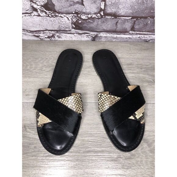 Amanu Black Calf Hair Leather Python Cross Strap Slides Sandals Women 9M US/40EU - Picture 2 of 16